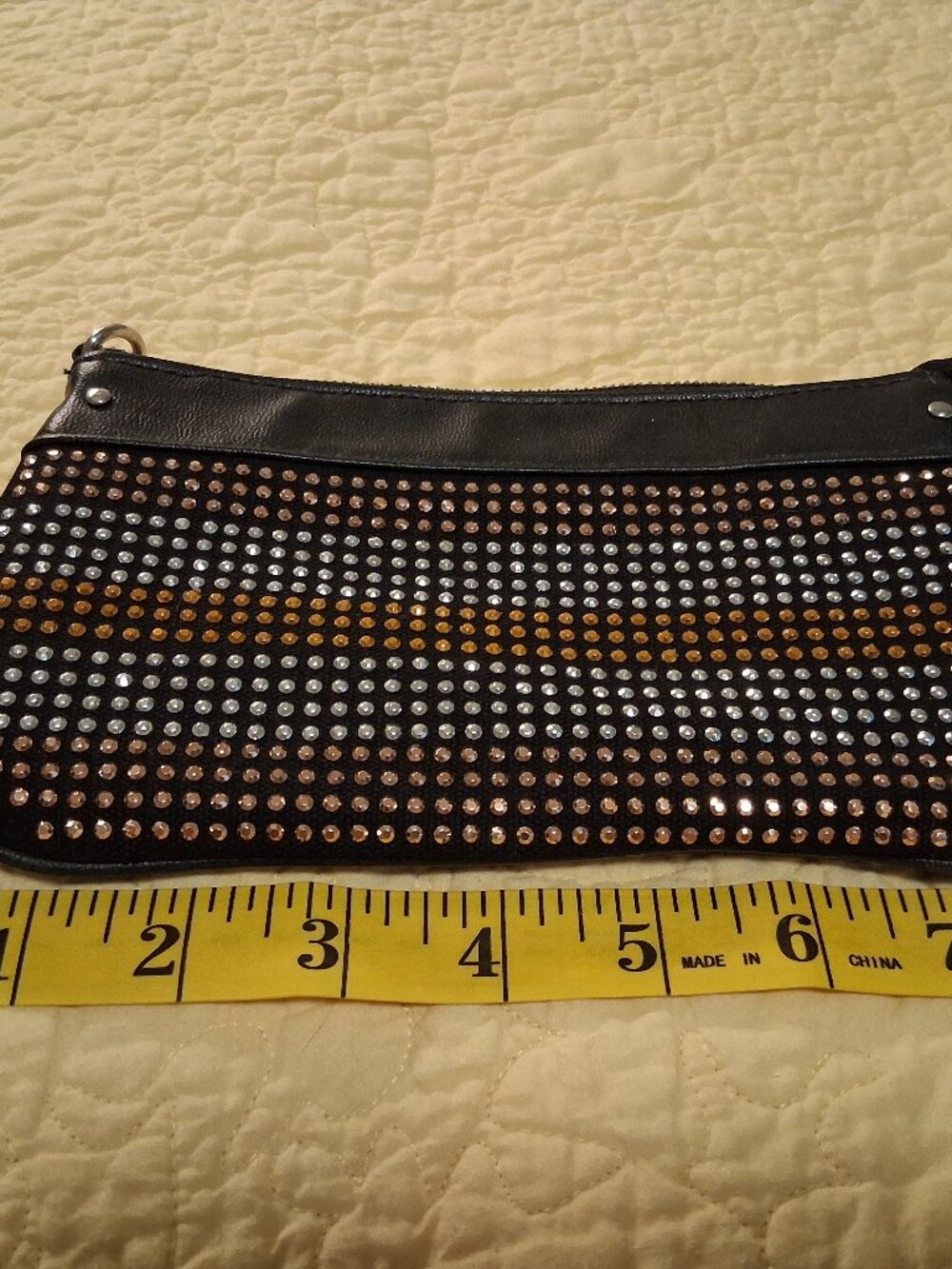 Steve Madden Cosmetic Bag Change Purse, about 8" long, Black/Silver/Copper Metal